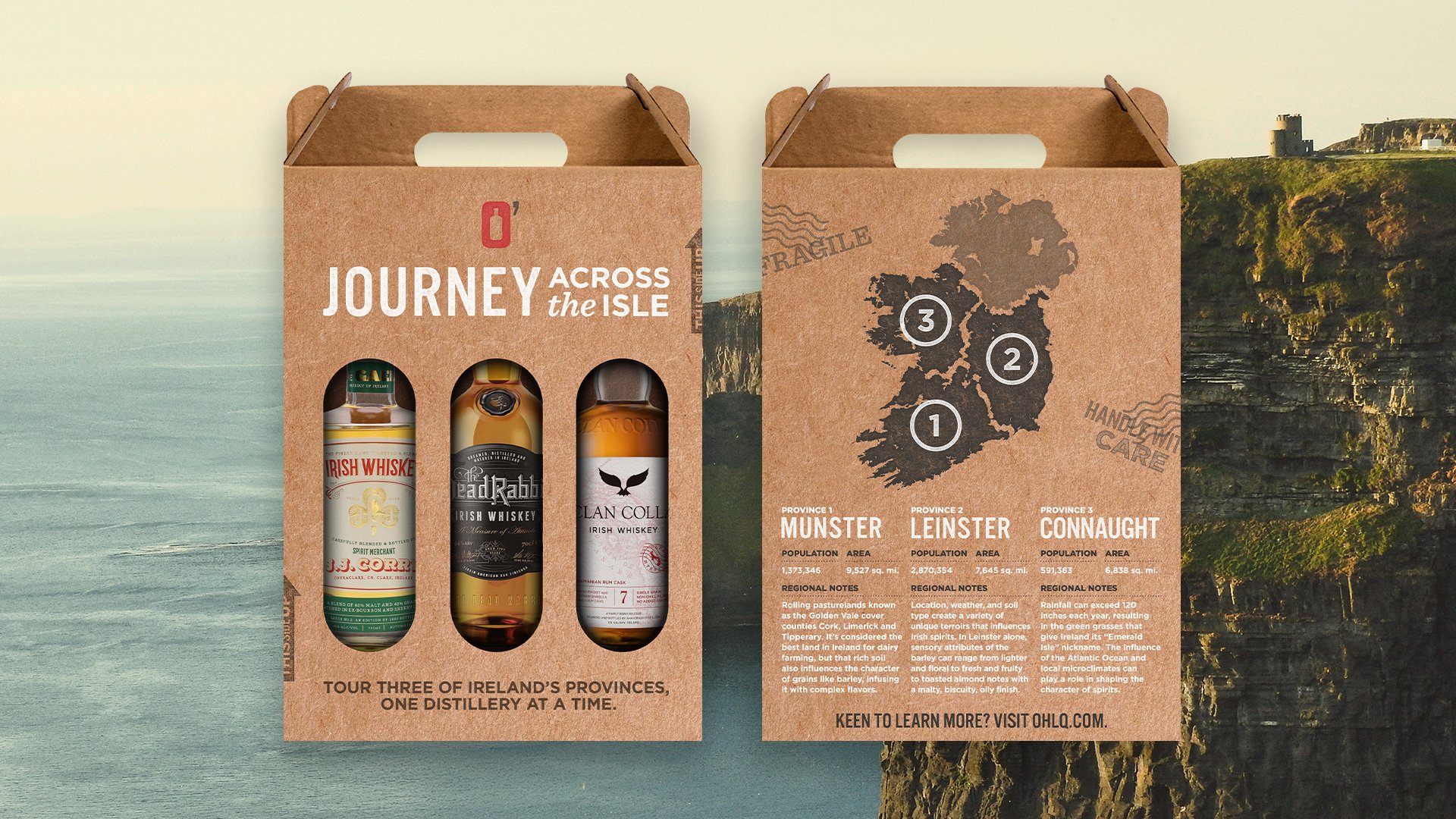 Three bottles of Irish whiskey, including Tullamore D.E.W., The Dead Rabbit, and Connemara, in a cardboard carrying case with map of Ireland and information about Irish whiskey regions.