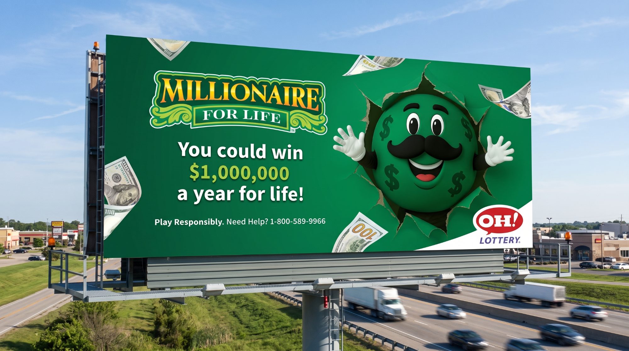 Green highway billboard for Millionaire For Life reading You could win $1,000,000 a year for life, with the money-ball character bursting through and the OH! Lottery logo.